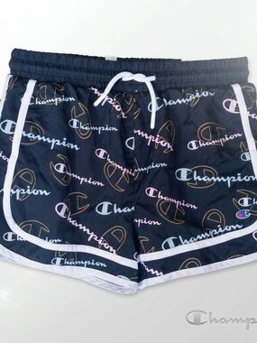 Champion Women's Navy Athletic Shorts with Pastel Script Logo